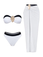 Black & White Bandeau Bikini with Gold Detail & High-Slit Mesh Skirt 3-Piece Set
