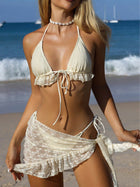 Cream Lace Halter Bikini with Lace Wrap Skirt 3-Piece Set