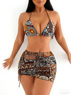 Tribal Geometric Print Triangle Halter Bikini 3-Piece Set