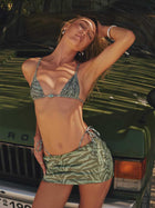 Olive Green Zebra Print Triangle Bikini 3-Piece Set with Skirt