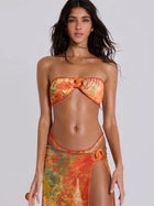 Tropical Print Knotted Bandeau Bikini 3-Piece Set with Sarong