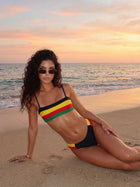 Retro Reggae Stripe Bandeau Bikini with Color Block Bottom