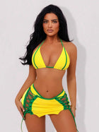 Yellow & Green Triangle Bikini with Lace-Up Skirt 3-Piece Set