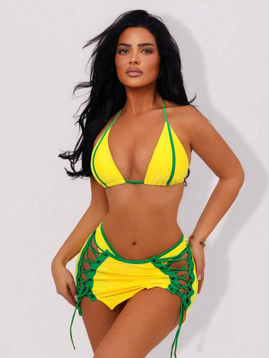 Yellow & Green Triangle Bikini with Lace-Up Skirt 3-Piece Set