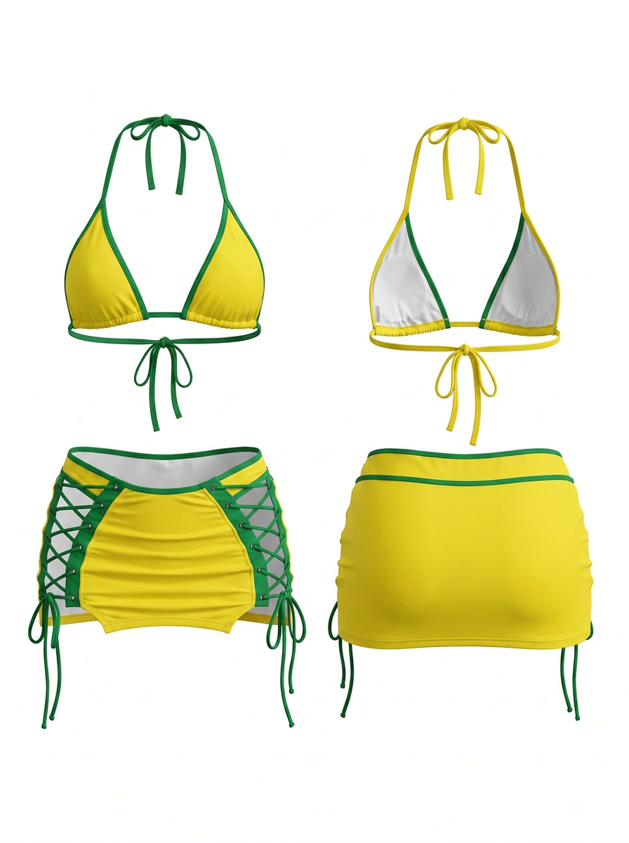 Yellow & Green Triangle Bikini with Lace-Up Skirt 3-Piece Set