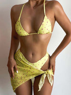 Yellow Ditsy Floral Bikini with Mesh Sarong 3-Piece Set