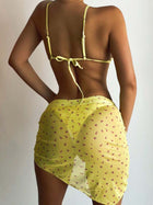 Yellow Ditsy Floral Bikini with Mesh Sarong 3-Piece Set