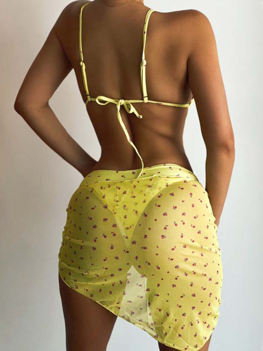 Yellow Ditsy Floral Bikini with Mesh Sarong 3-Piece Set