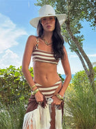 Brown White Stripe Bandeau Bikini with Resin Chain Straps