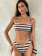 Brown White Stripe Bandeau Bikini with Resin Chain Straps