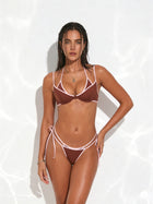 Brown & White Contrast Underwire Cutout Tie-Side Bikini Set