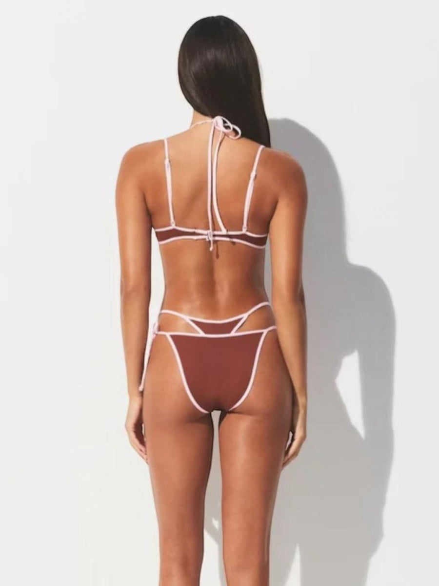Brown & White Contrast Underwire Cutout Tie-Side Bikini Set