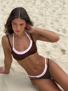 Brown & Pink Polka Dot Contrast Bikini with Double Straps