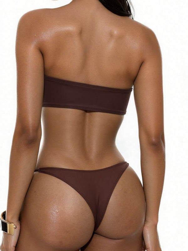 Brown Studded Bandeau Tie-Side Bikini Set