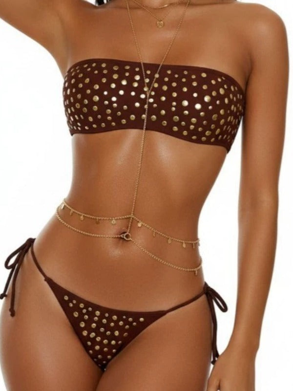 Brown Studded Bandeau Tie-Side Bikini Set