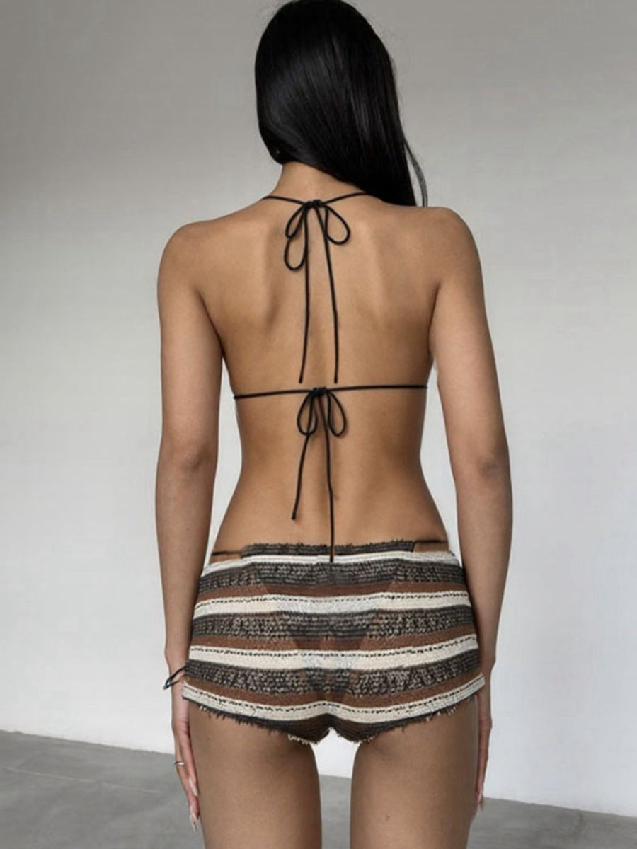 Striped Crinkle Halter Bikini & Tie-Side Shorts 3-Piece Set