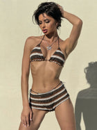 Striped Crinkle Halter Bikini & Tie-Side Shorts 3-Piece Set