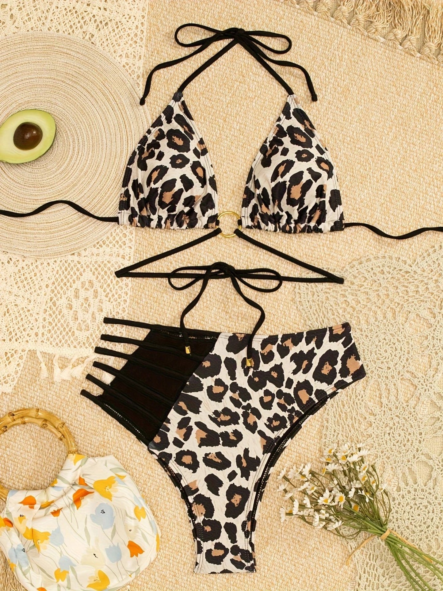 Leopard Print O-Ring Halter Bikini Set