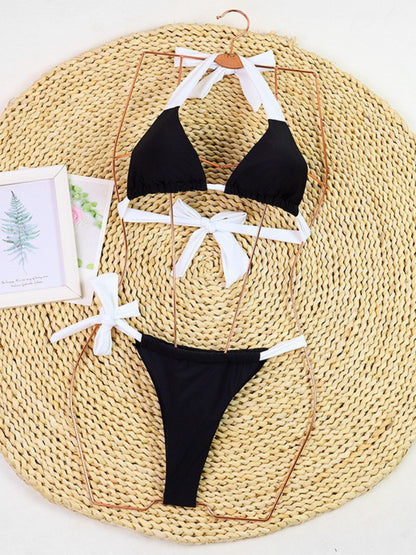 Black & White Color Block Halter Tie-Side Bikini Set