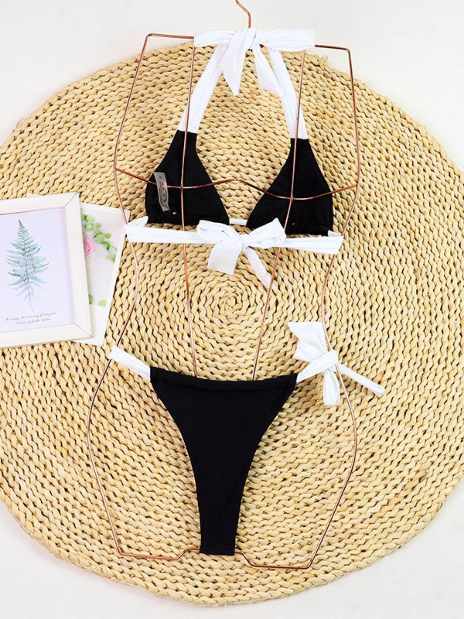 Black & White Color Block Halter Tie-Side Bikini Set