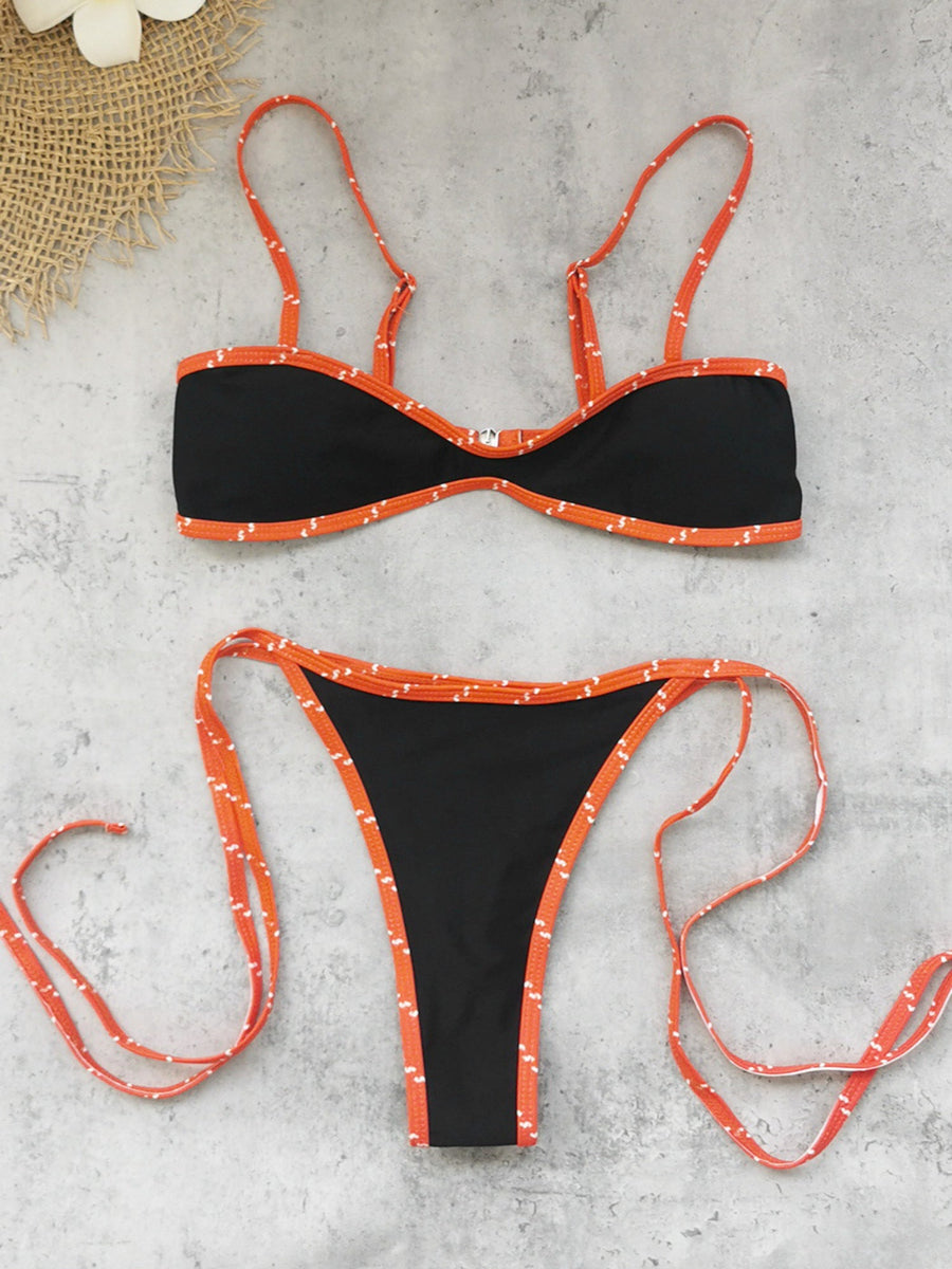 Black & Red Contrast Thin Strap Cutout Bikini Set