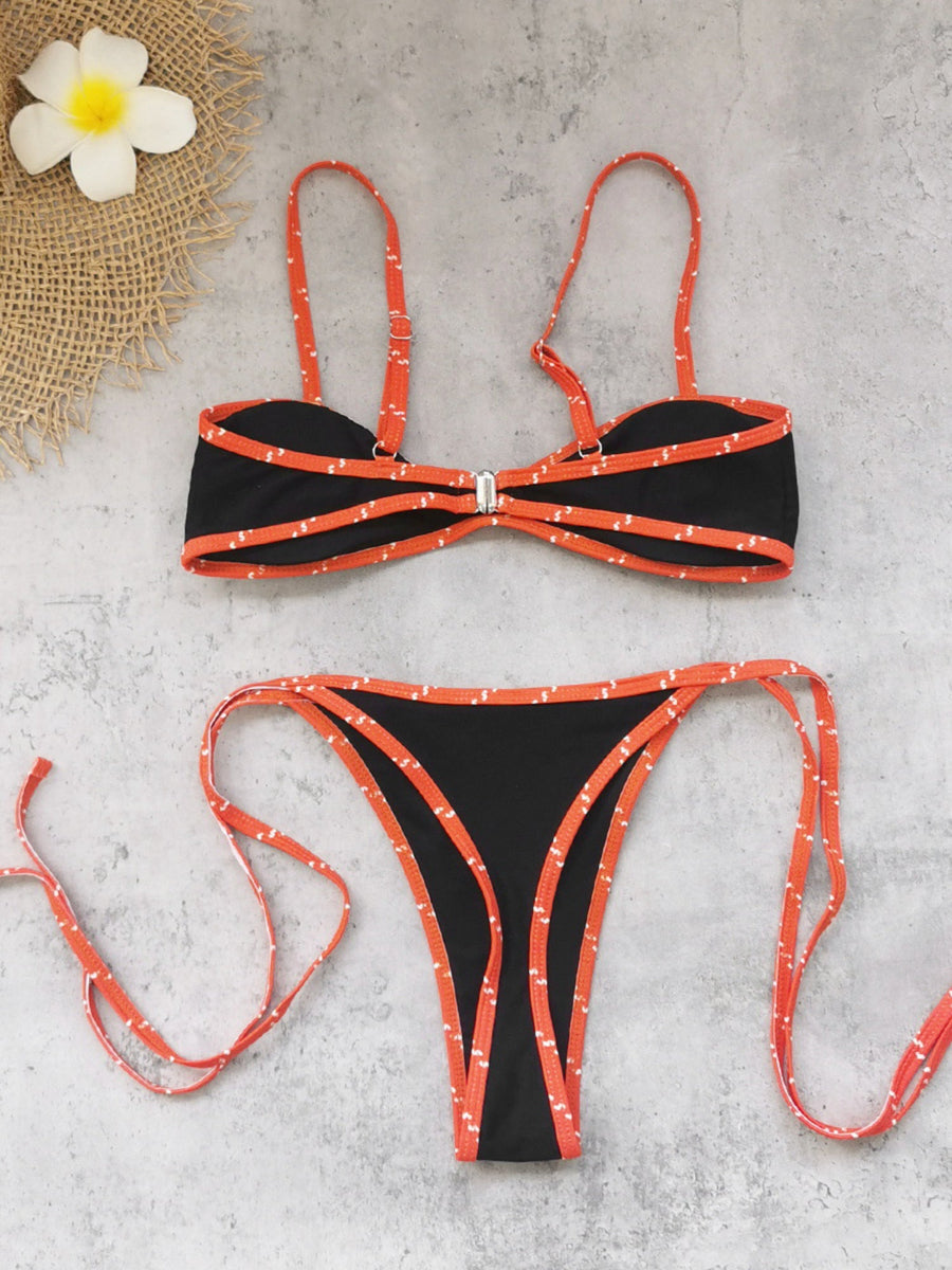 Black & Red Contrast Thin Strap Cutout Bikini Set