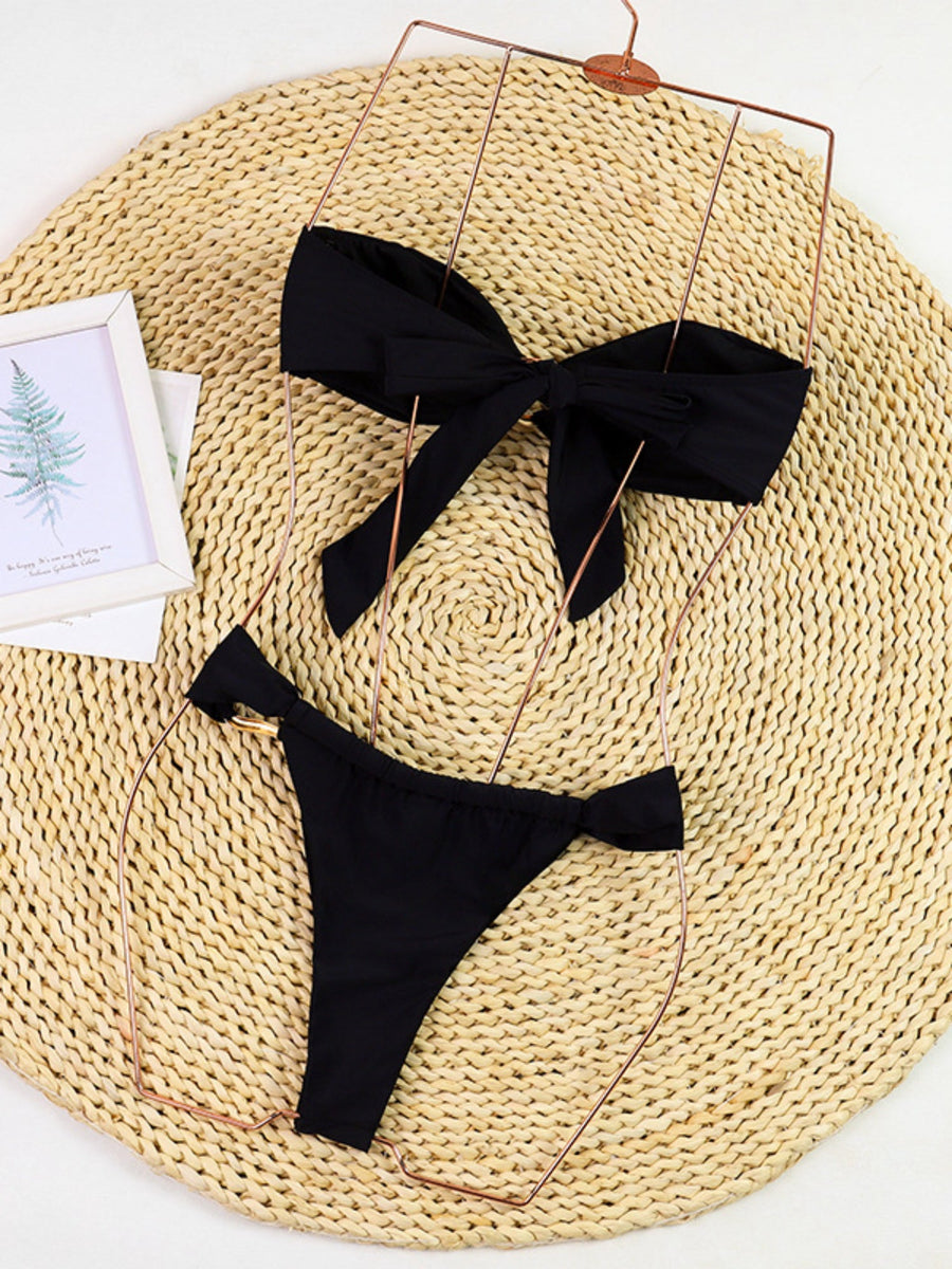 Black Bandeau Bikini Set with Gold Ring Cutout Detail