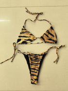 Tiger Print Halter Tie-Side Triangle Bikini Set