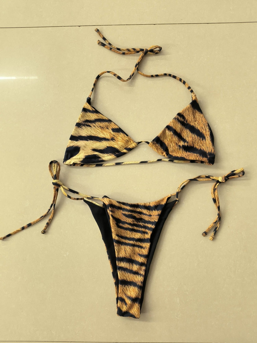 Tiger Print Halter Tie-Side Triangle Bikini Set