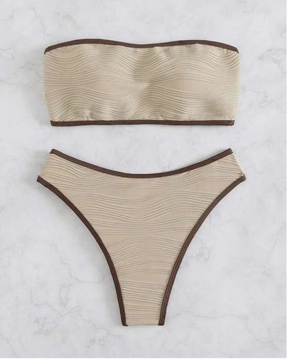 Cream & Brown Contrast Trim Textured Bandeau Bikini Set