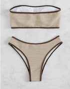 Cream & Brown Contrast Trim Textured Bandeau Bikini Set