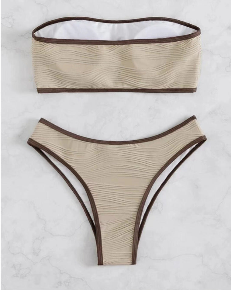 Cream & Brown Contrast Trim Textured Bandeau Bikini Set