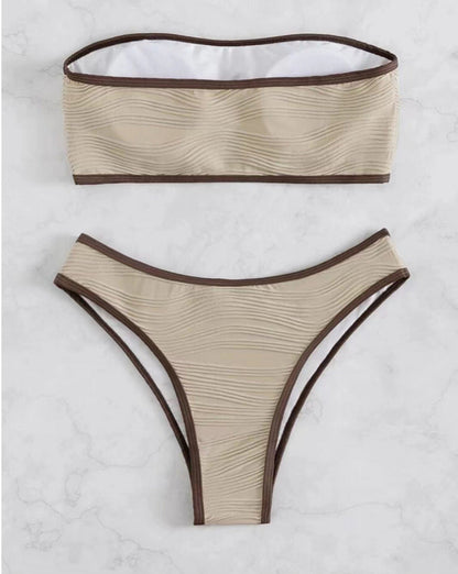 Cream & Brown Contrast Trim Textured Bandeau Bikini Set