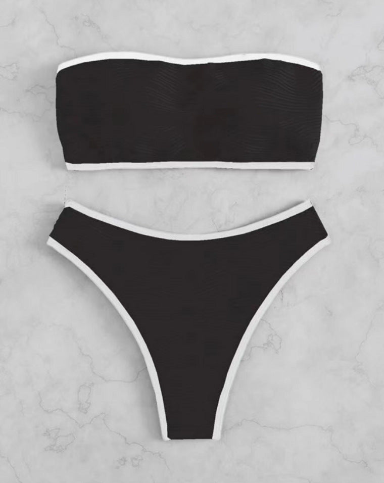 Cream & Brown Contrast Trim Textured Bandeau Bikini Set