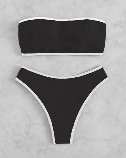 Cream & Brown Contrast Trim Textured Bandeau Bikini Set