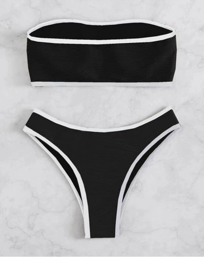 Cream & Brown Contrast Trim Textured Bandeau Bikini Set