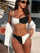 Retro Black & White Color Block Bikini with Contrast Stitching