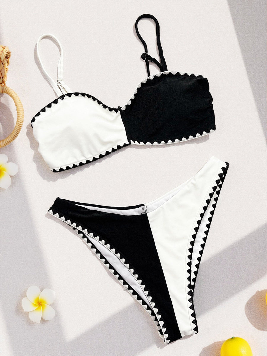 Retro Black & White Color Block Bikini with Contrast Stitching
