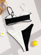 Retro Black & White Color Block Bikini with Contrast Stitching