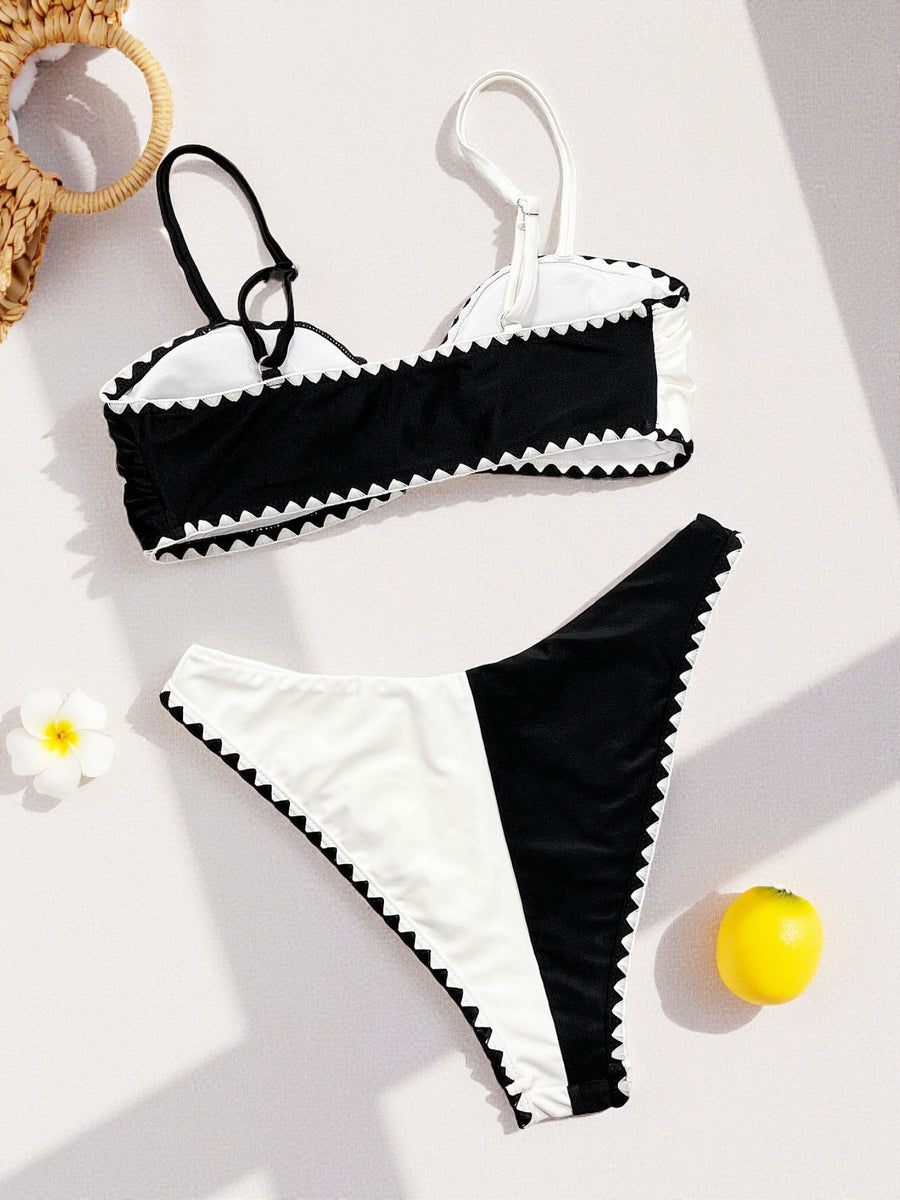 Retro Black & White Color Block Bikini with Contrast Stitching