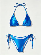 Shiny Royal Blue Triangle Tie Side Bikini Set
