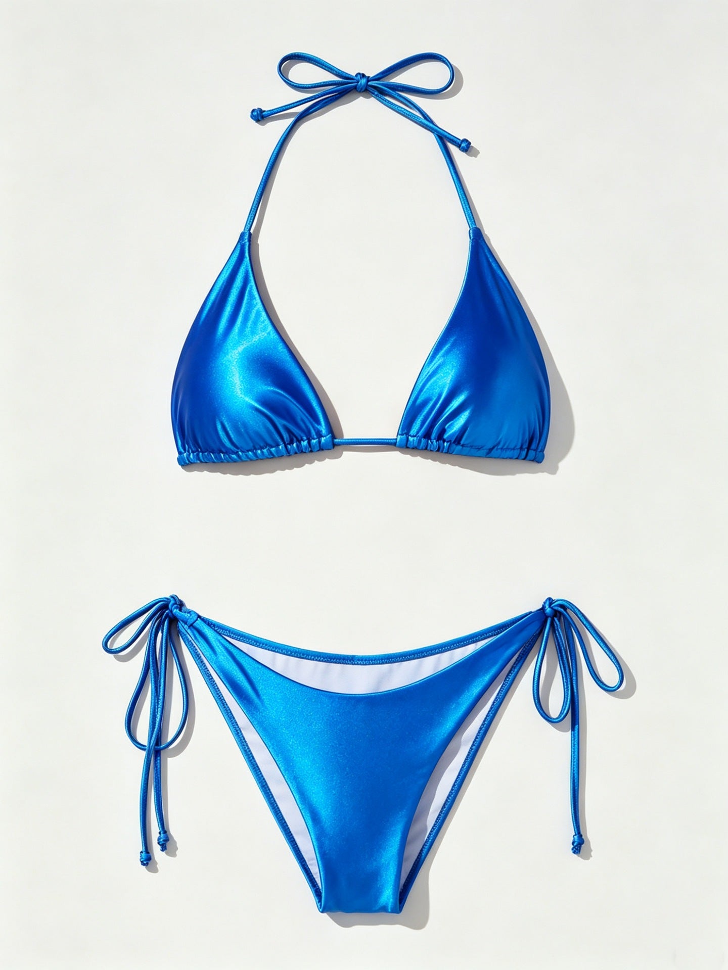 Shiny Royal Blue Triangle Tie Side Bikini Set