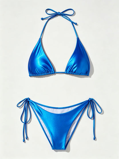 Shiny Royal Blue Triangle Tie Side Bikini Set