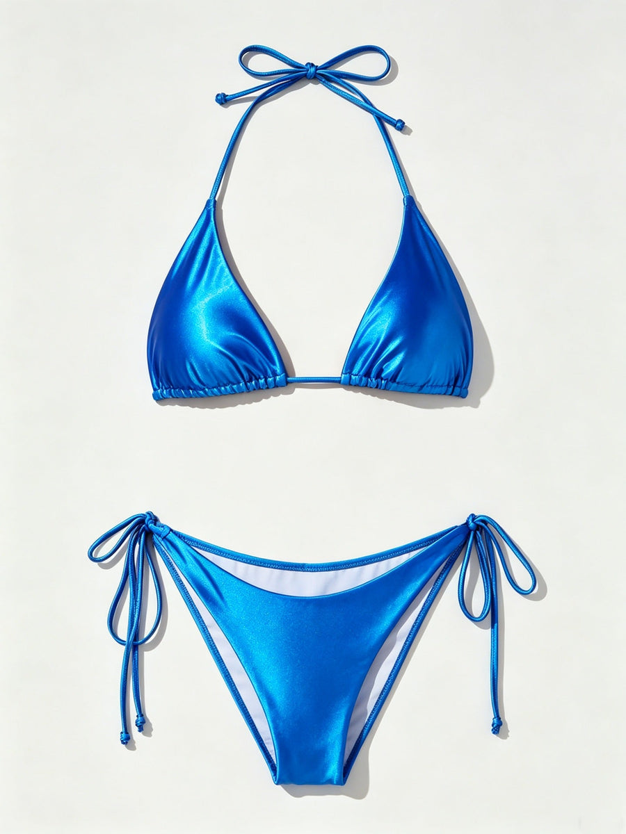 Shiny Royal Blue Triangle Tie Side Bikini Set