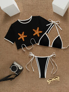 3 Piece Bikini Set with Mesh Cover Up & Sequin Starfish Patch