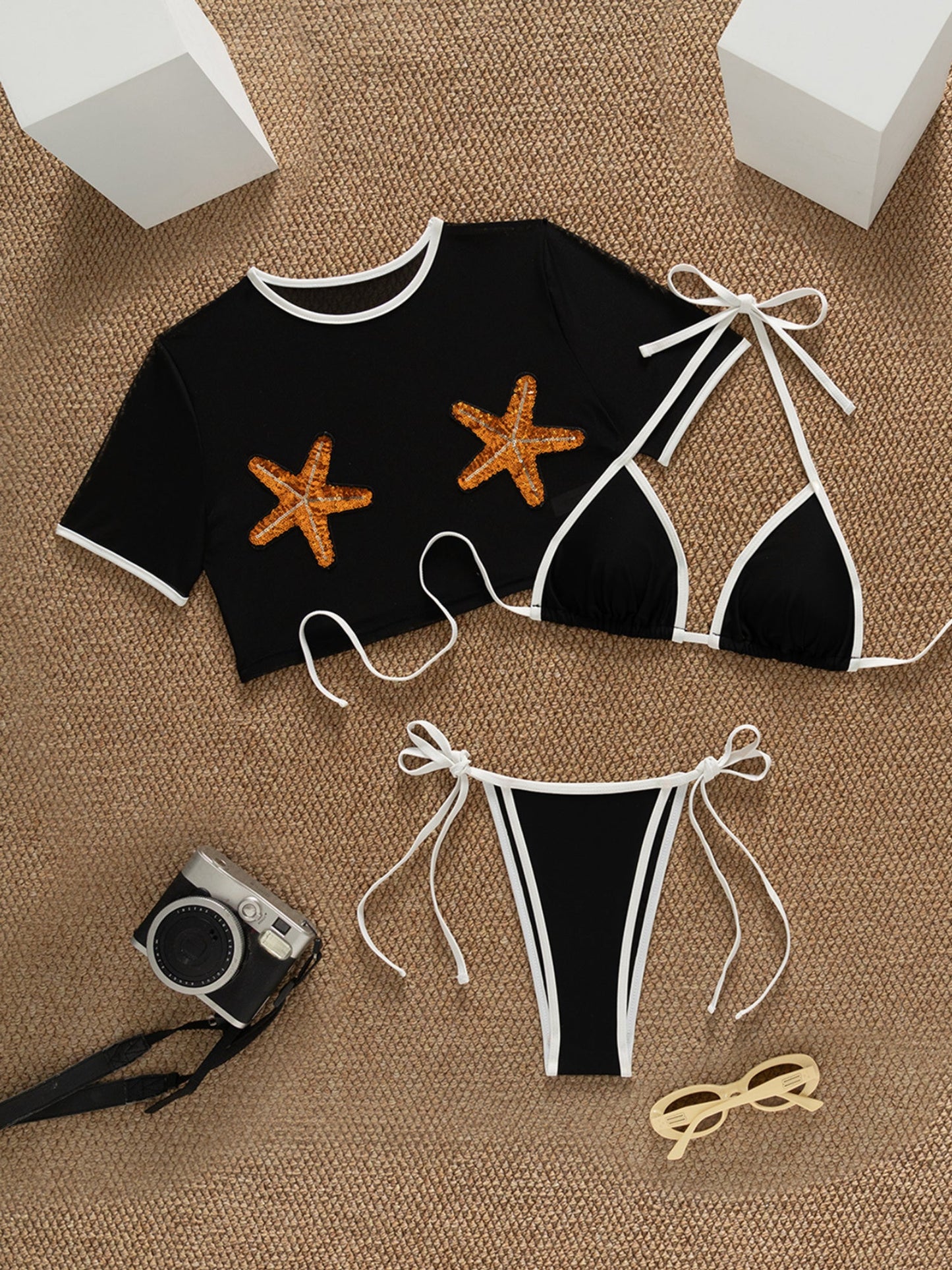 3 Piece Bikini Set with Mesh Cover Up & Sequin Starfish Patch