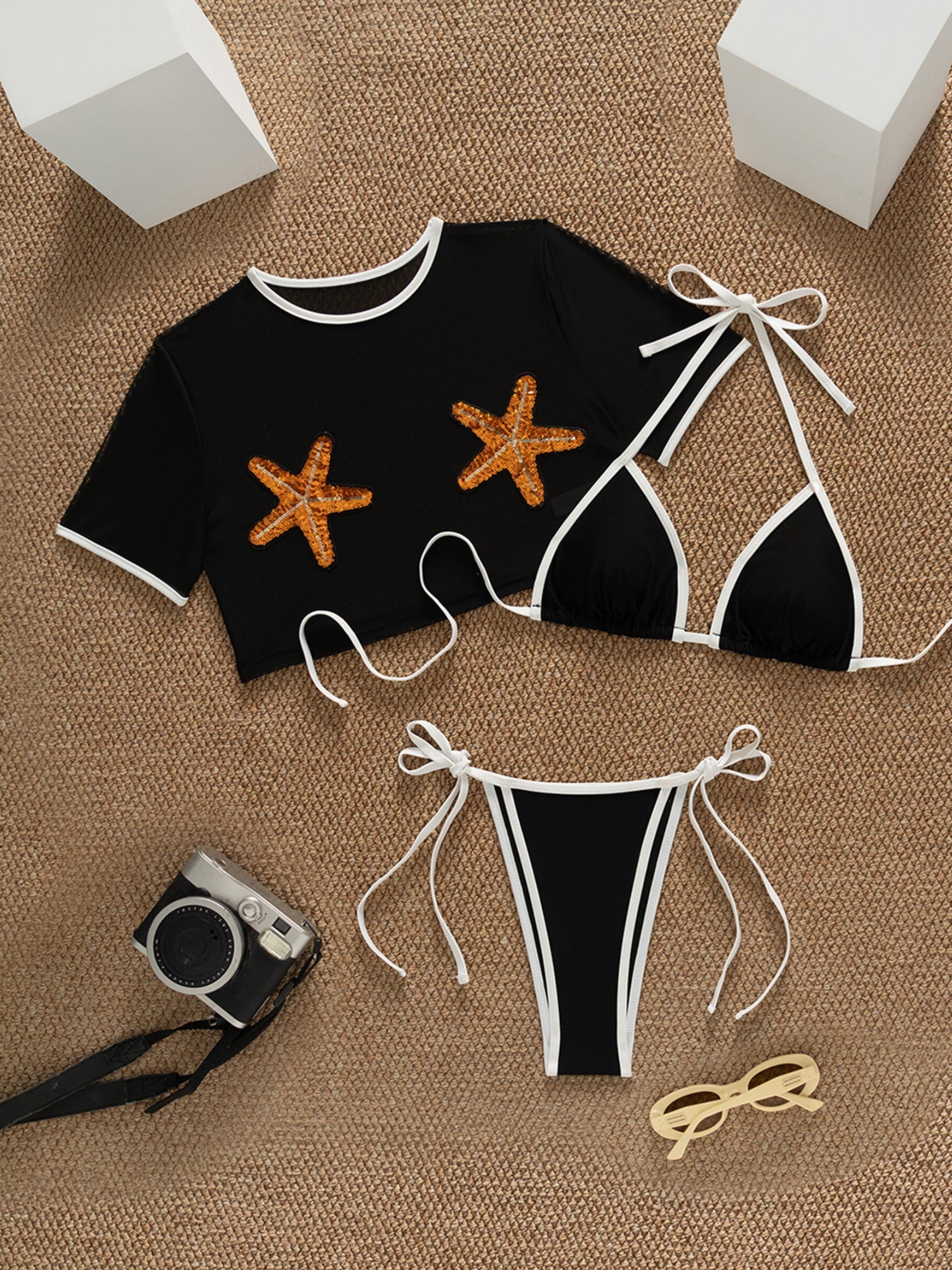 3 Piece Bikini Set with Mesh Cover Up & Sequin Starfish Patch