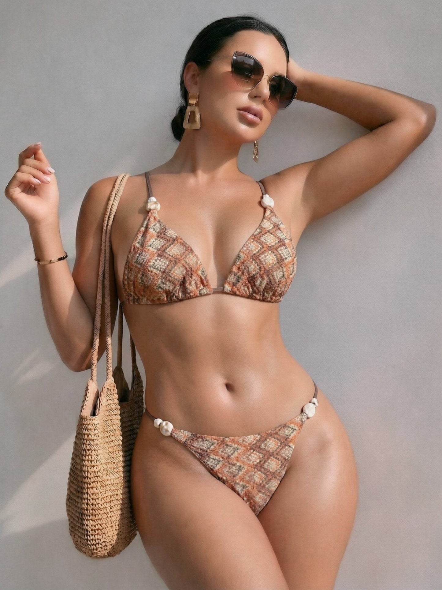 Vintage Plaid Triangle Bikini Set with Shell Bead Details