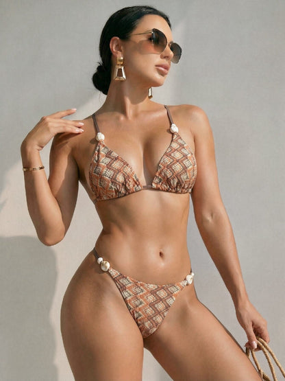 Vintage Plaid Triangle Bikini Set with Shell Bead Details