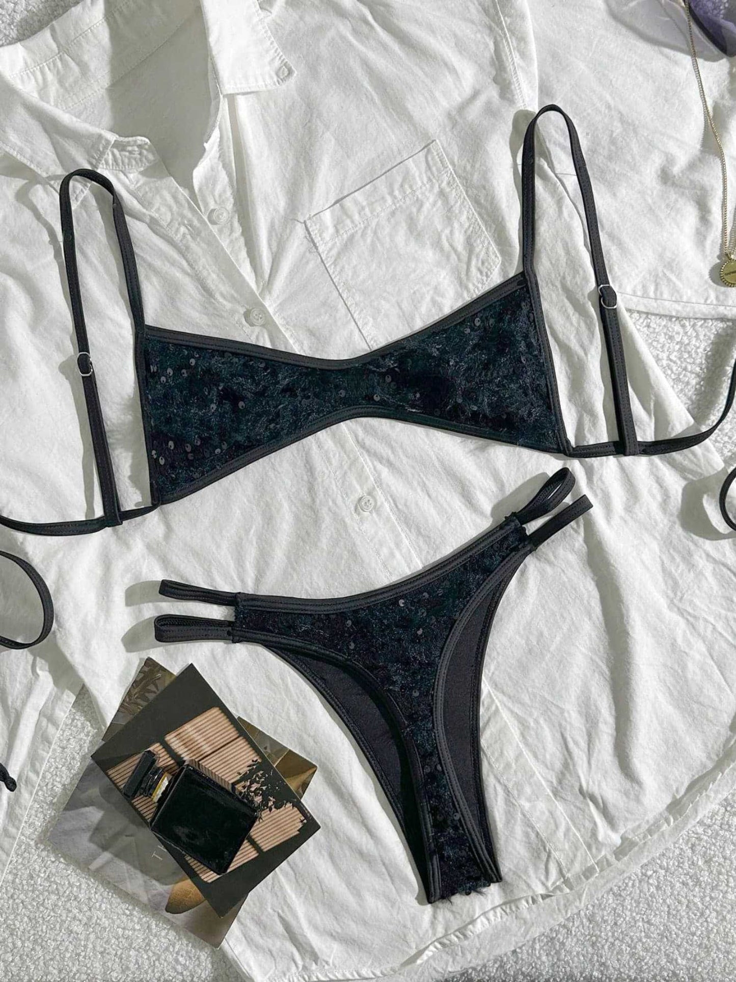 Black Fuzzy Sequin Spaghetti Strap Bikini Set